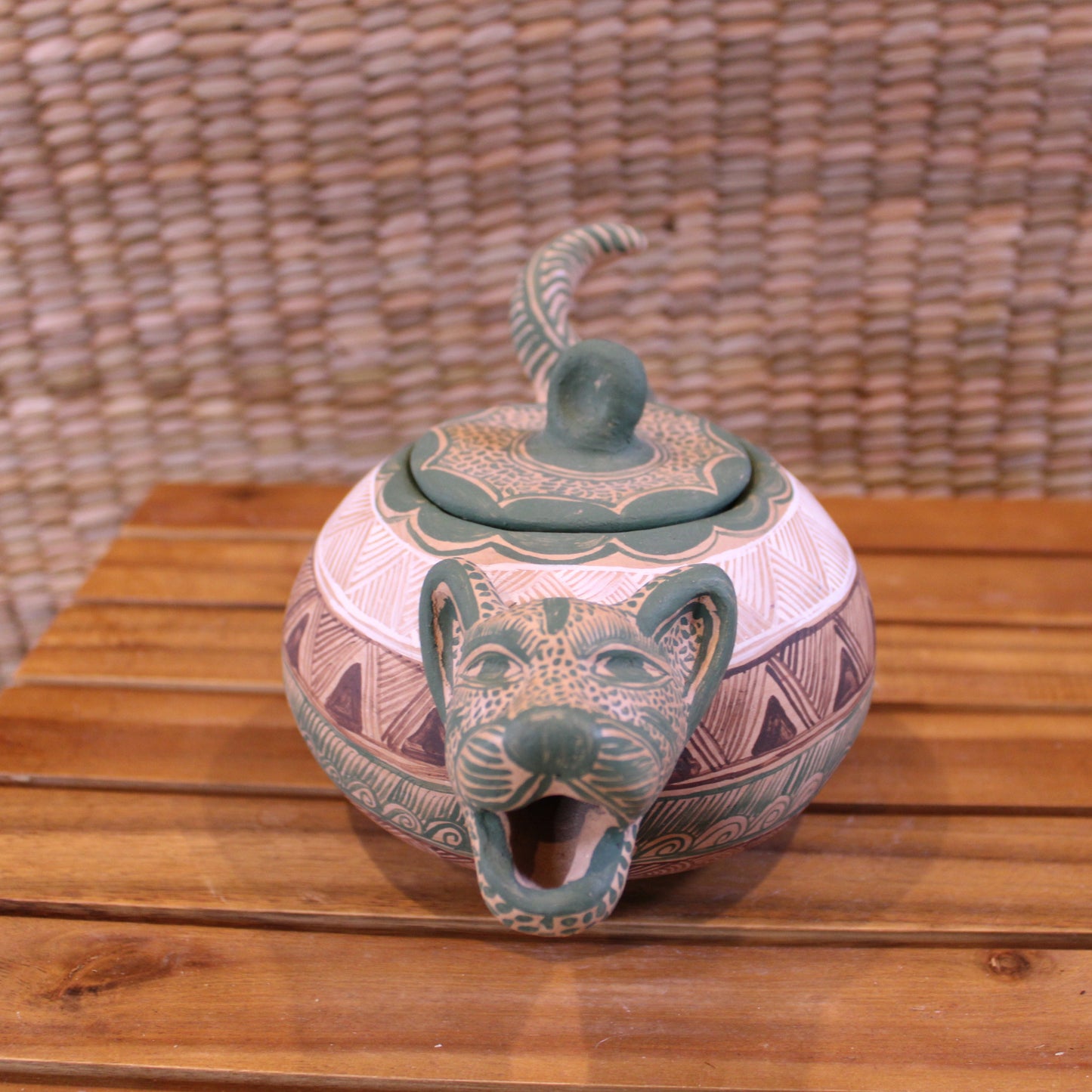 Hand-Painted Sugar Bowl - Green | Mexican Folk Art Pottery