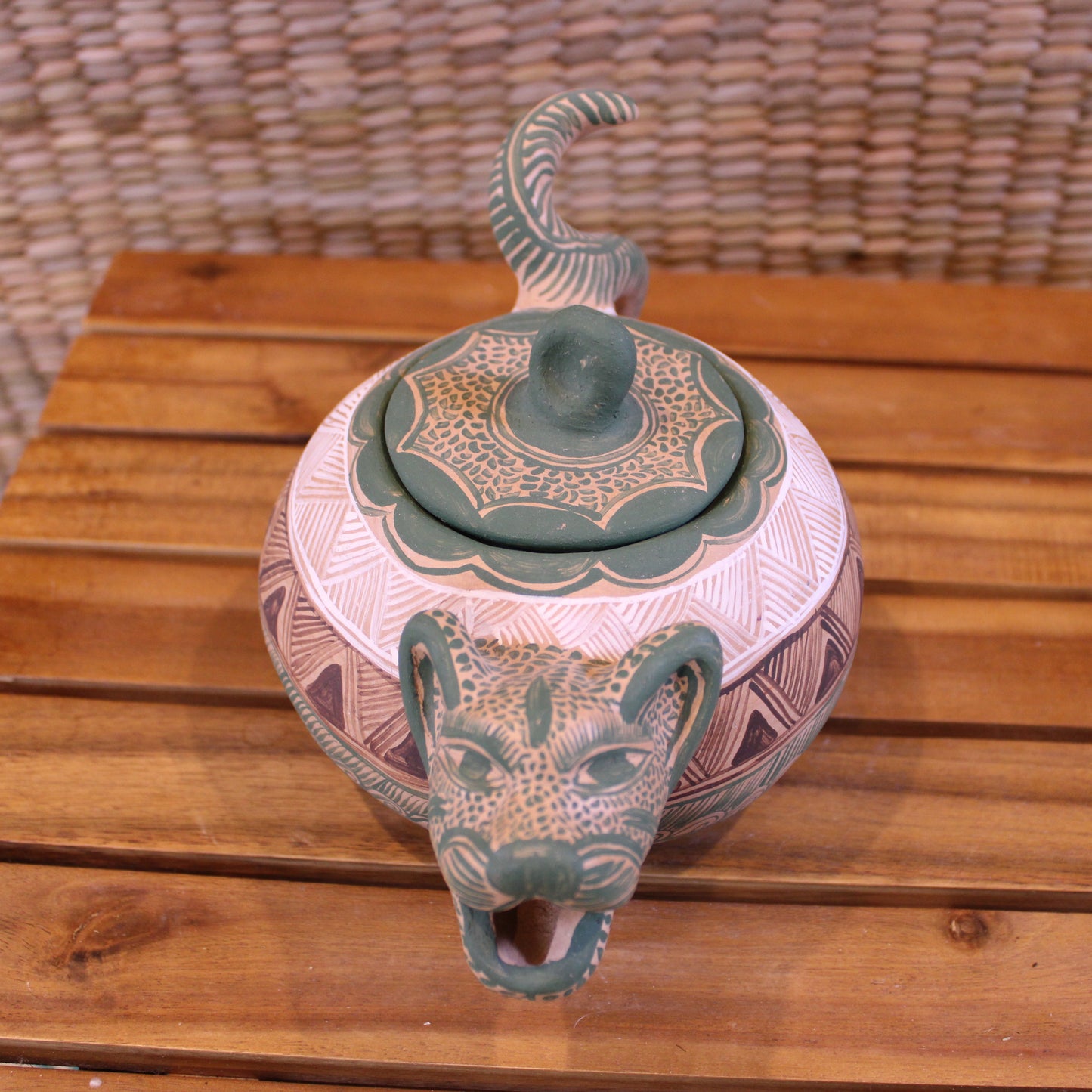 Hand-Painted Sugar Bowl - Green | Mexican Folk Art Pottery