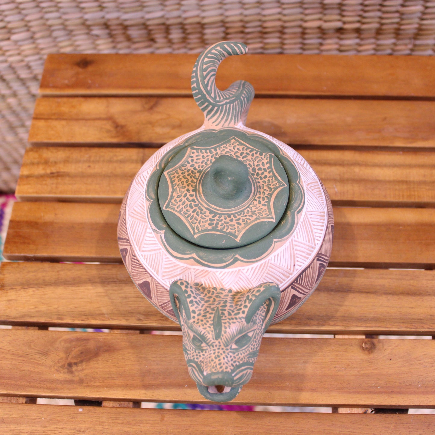 Hand-Painted Sugar Bowl - Green | Mexican Folk Art Pottery