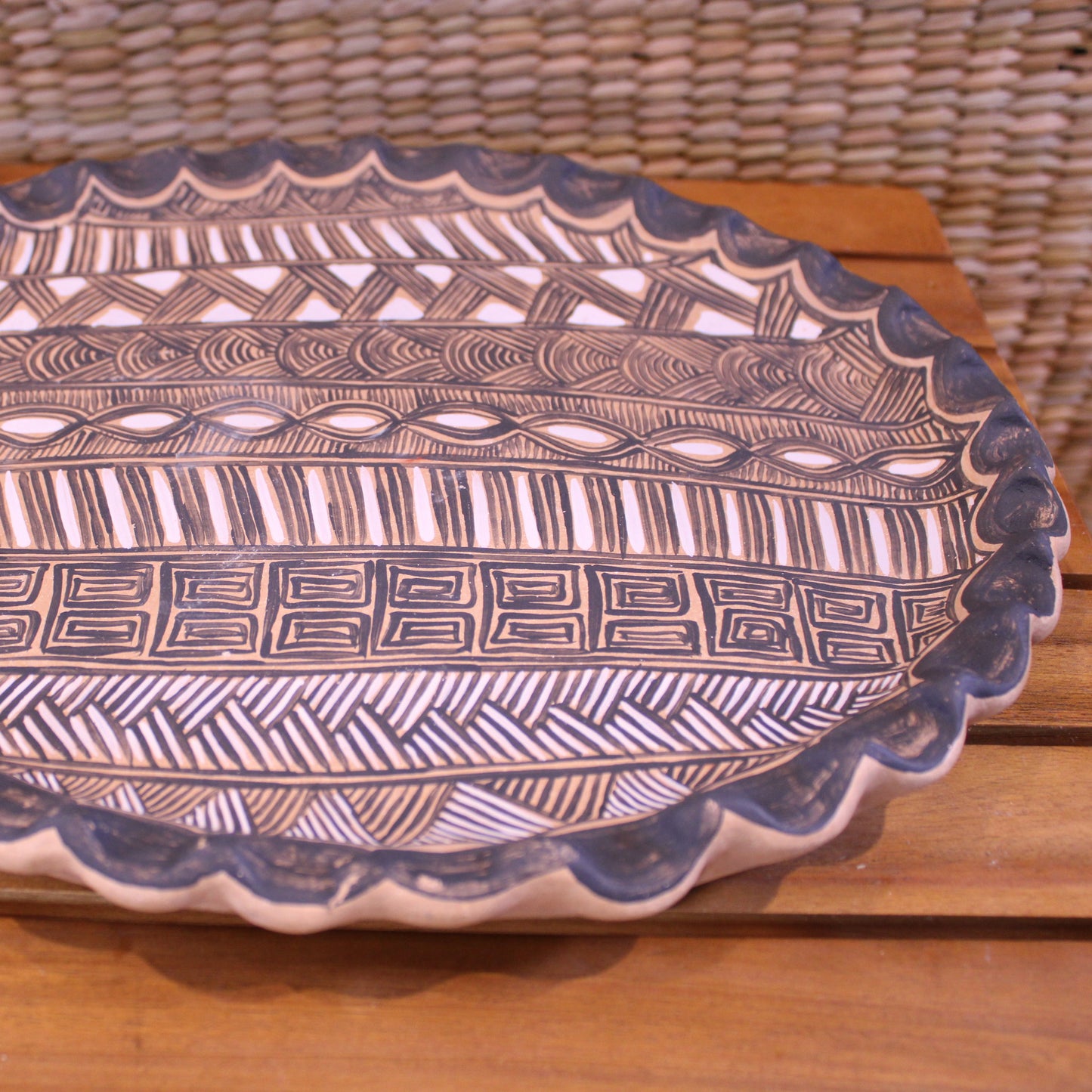 Hand-Painted Plate with Base - Black | Mexican Folk Art Pottery