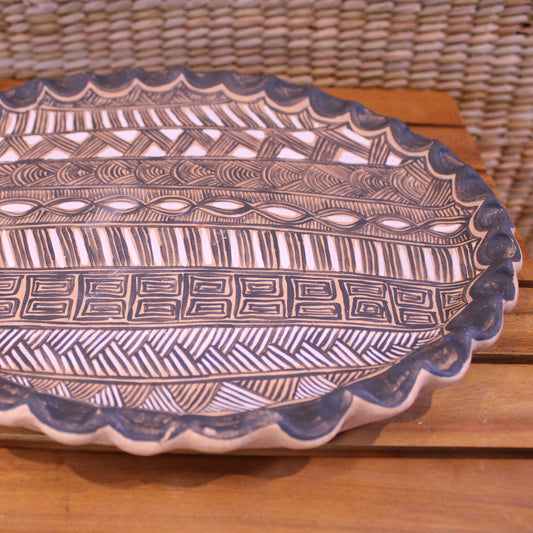 Hand-Painted Plate with Base - Black | Mexican Folk Art Pottery