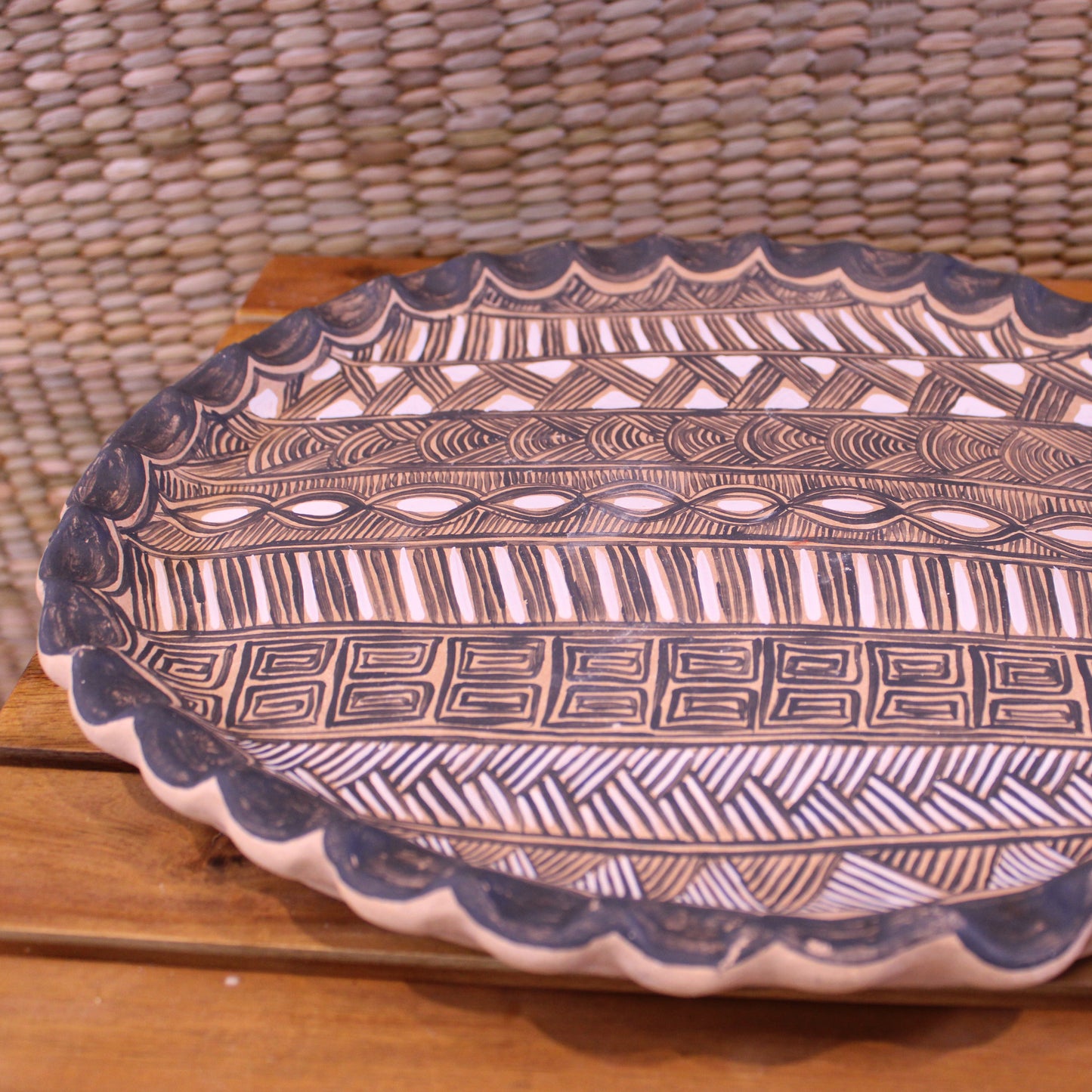 Hand-Painted Plate with Base - Black | Mexican Folk Art Pottery