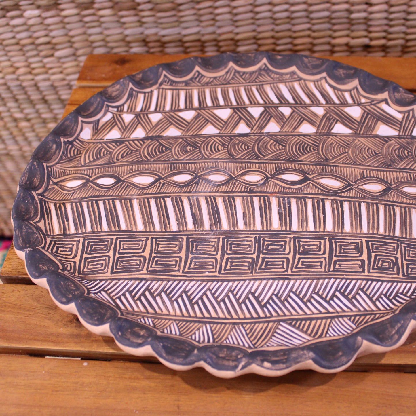 Hand-Painted Plate with Base - Black | Mexican Folk Art Pottery