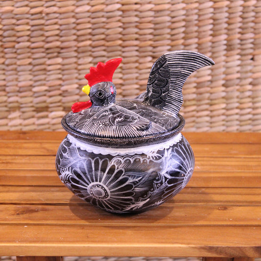 Sugar bowl rooster hand painted in black