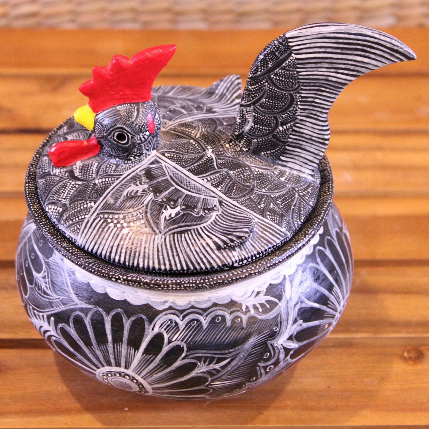 Sugar bowl rooster hand painted in black