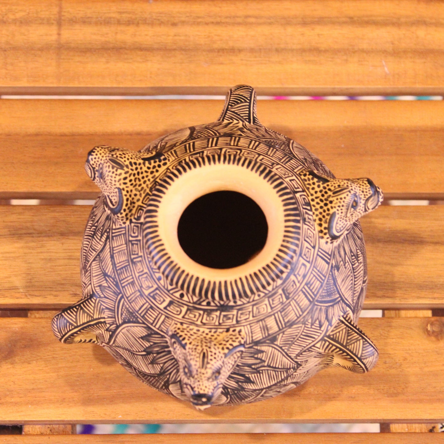3 Headed jaguar pot hand painted