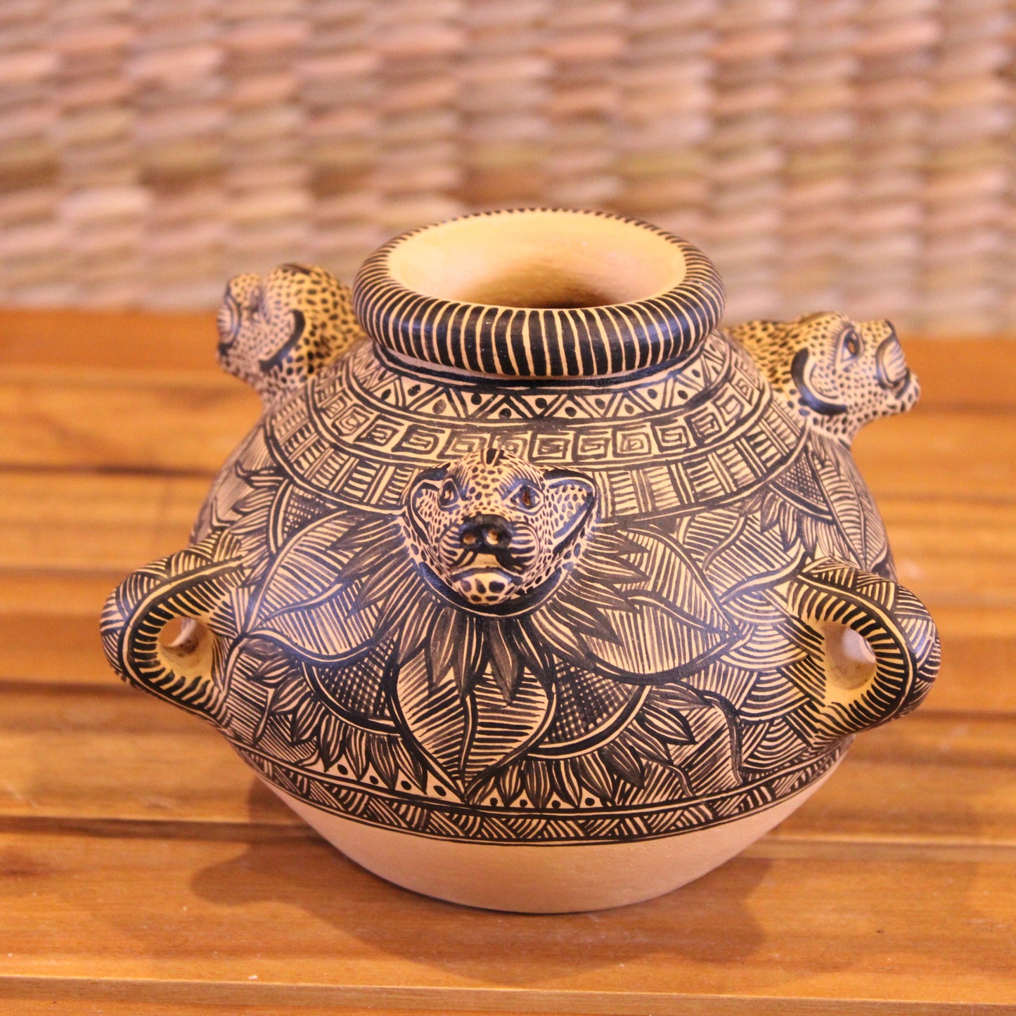 3 Headed jaguar pot hand painted