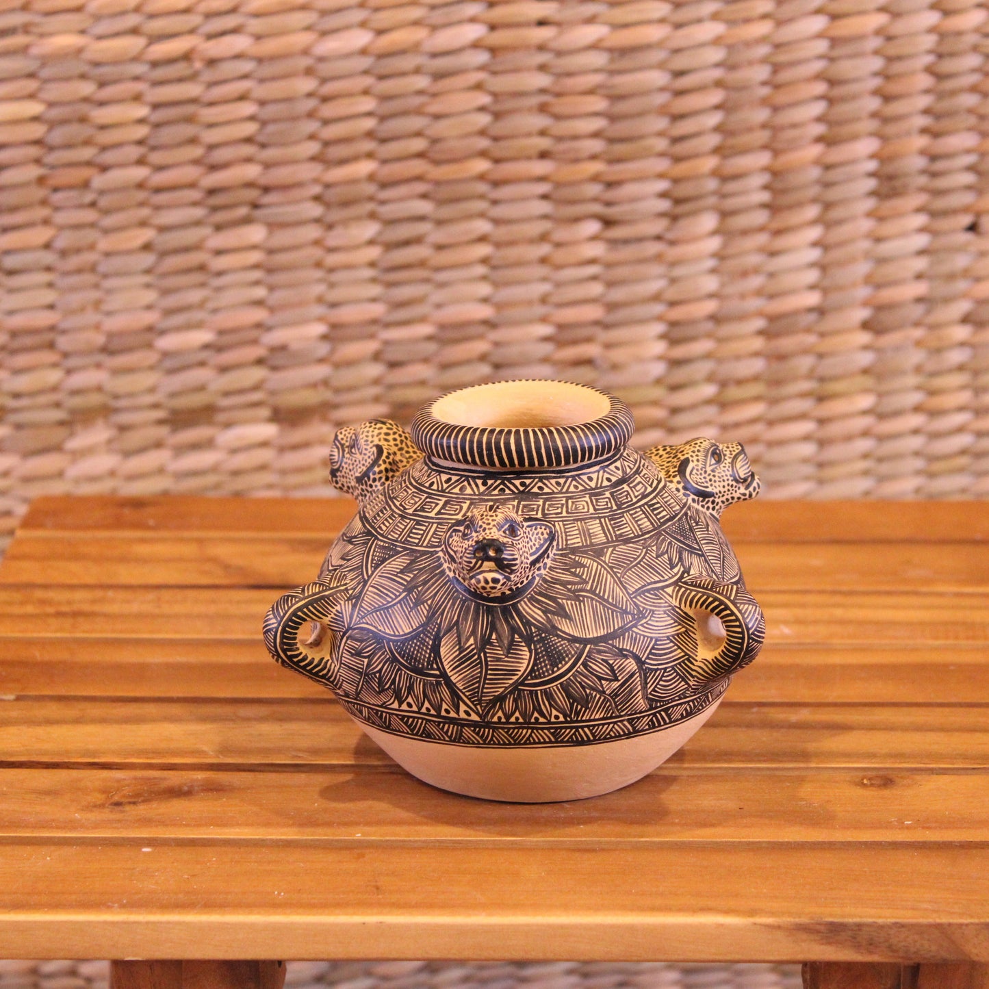 3 Headed jaguar pot hand painted