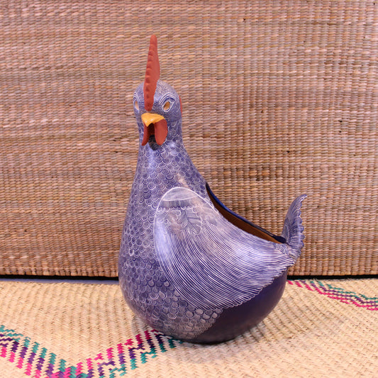 Large Decorative Rooster Pot Hand Painted In Blue