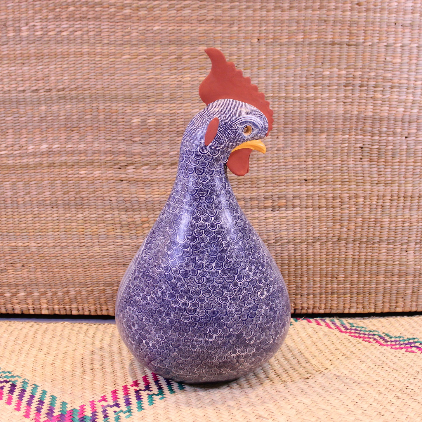 Large Decorative Rooster Pot Hand Painted In Blue