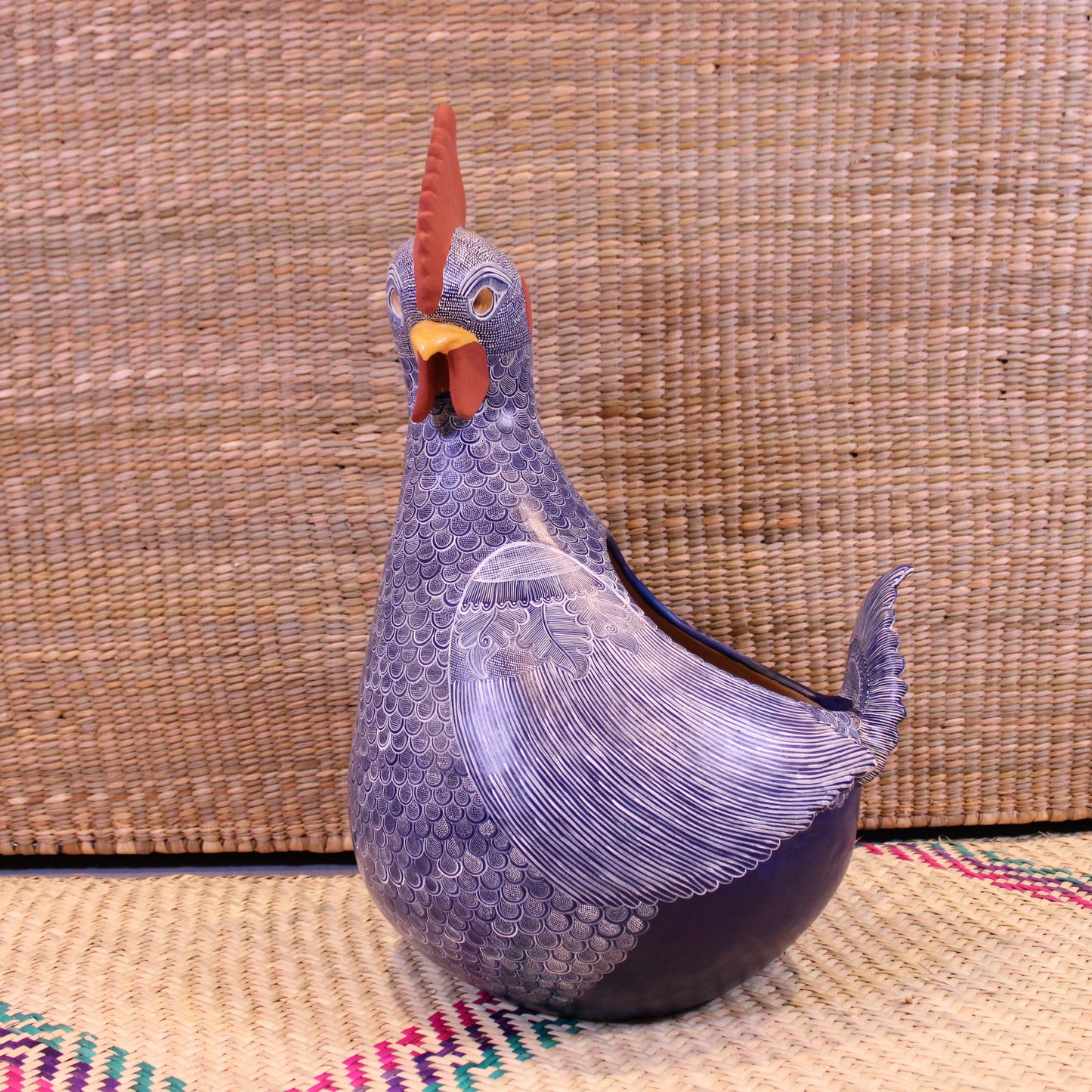 Large Decorative Rooster Pot Hand Painted In Blue