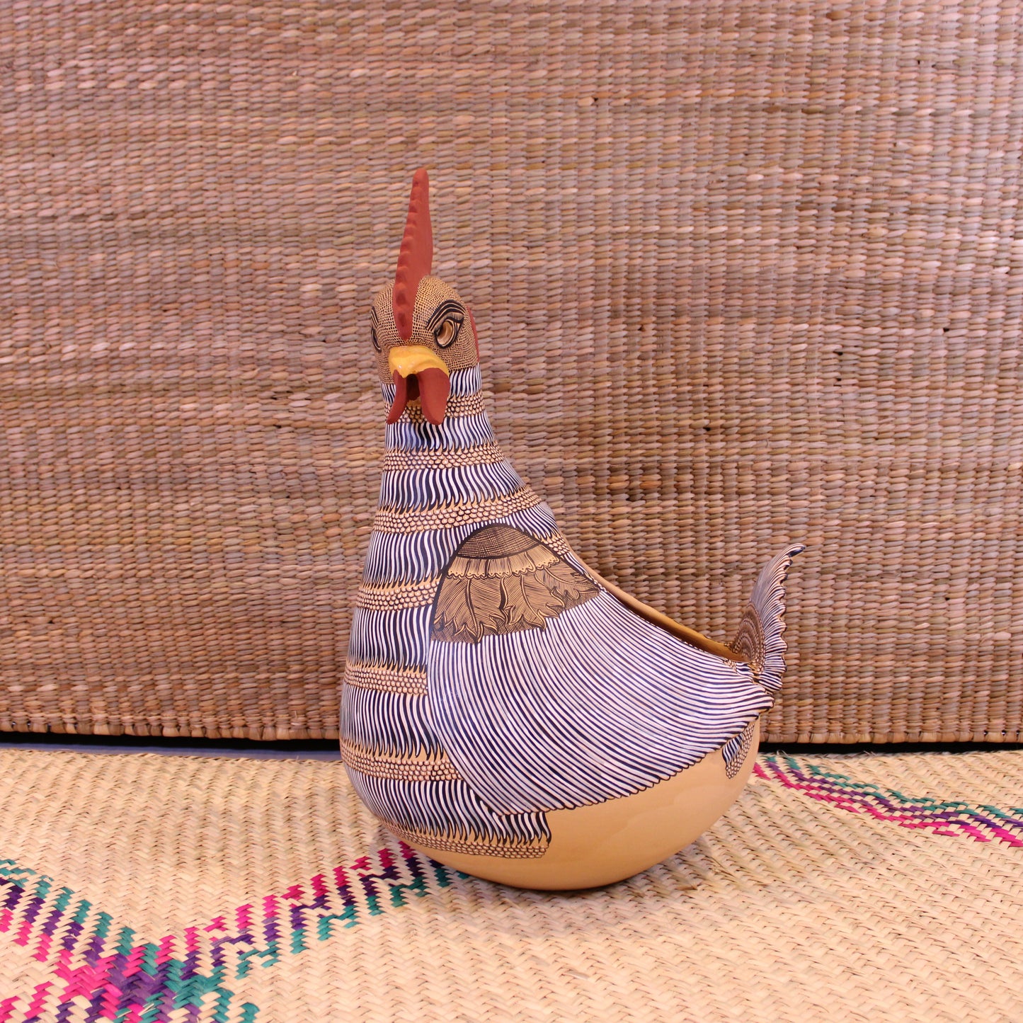 Large Decorative Rooster Pot Hand Painted In Beige
