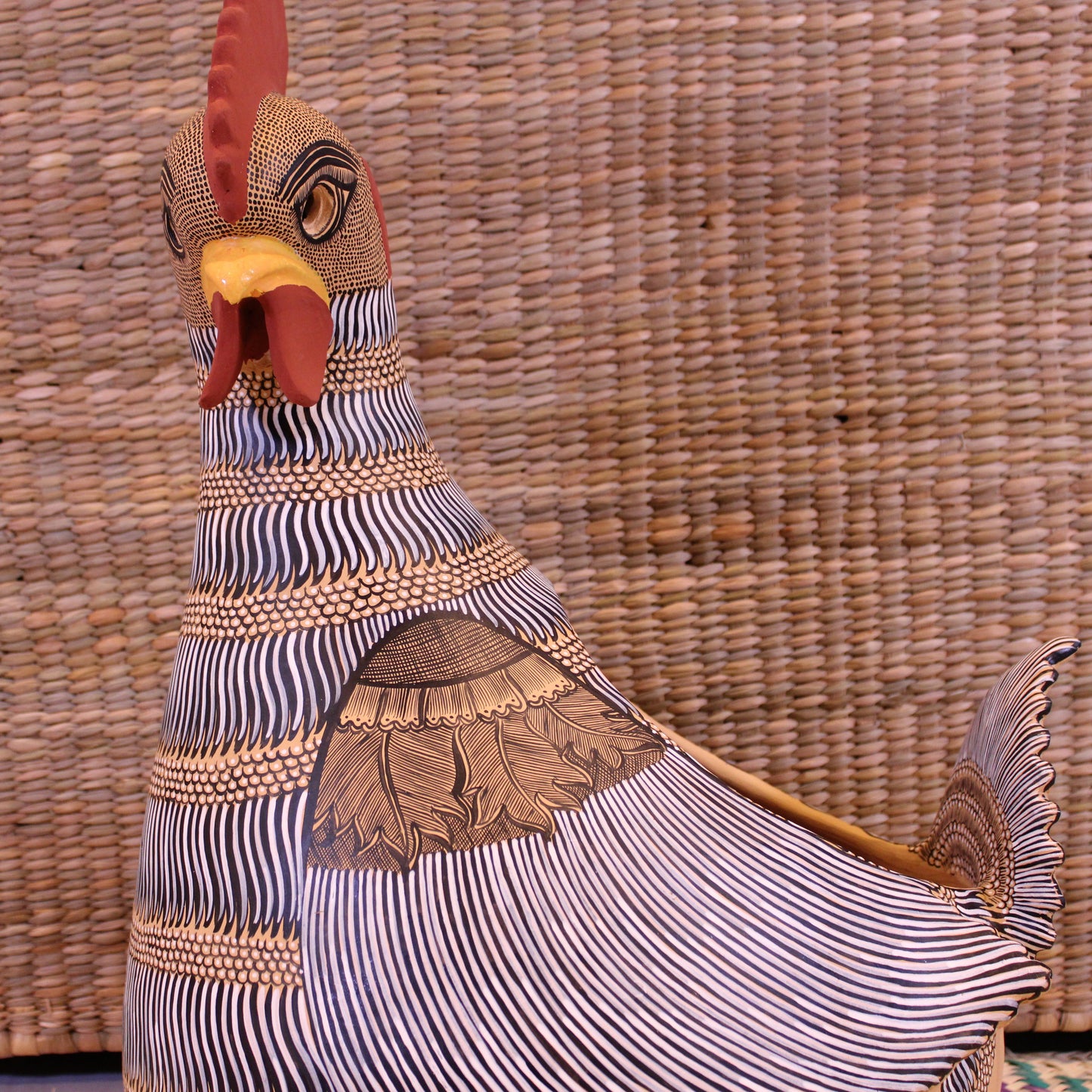 Large Decorative Rooster Pot Hand Painted In Beige