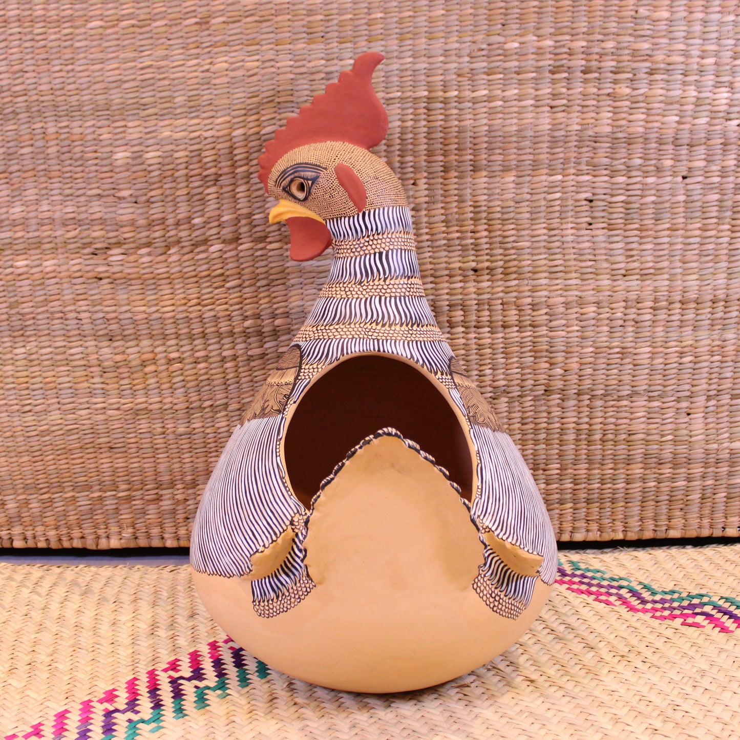 Large Decorative Rooster Pot Hand Painted In Beige