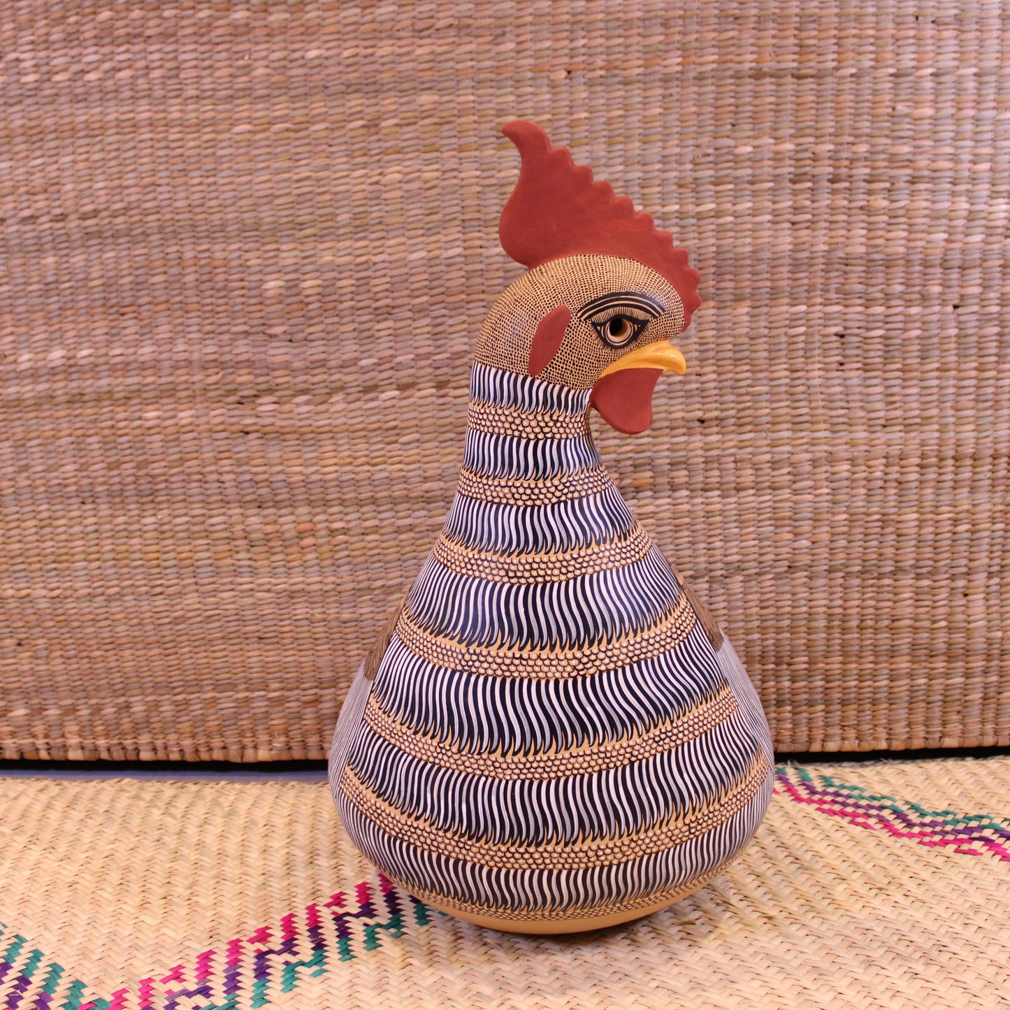 Large Decorative Rooster Pot Hand Painted In Beige