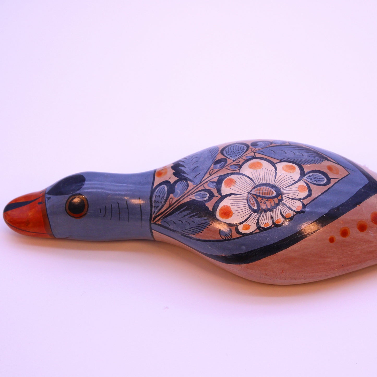 Hand-Painted Burnished Clay Blue Duck - Colorful Details | Mexican Folk Art Ceramic