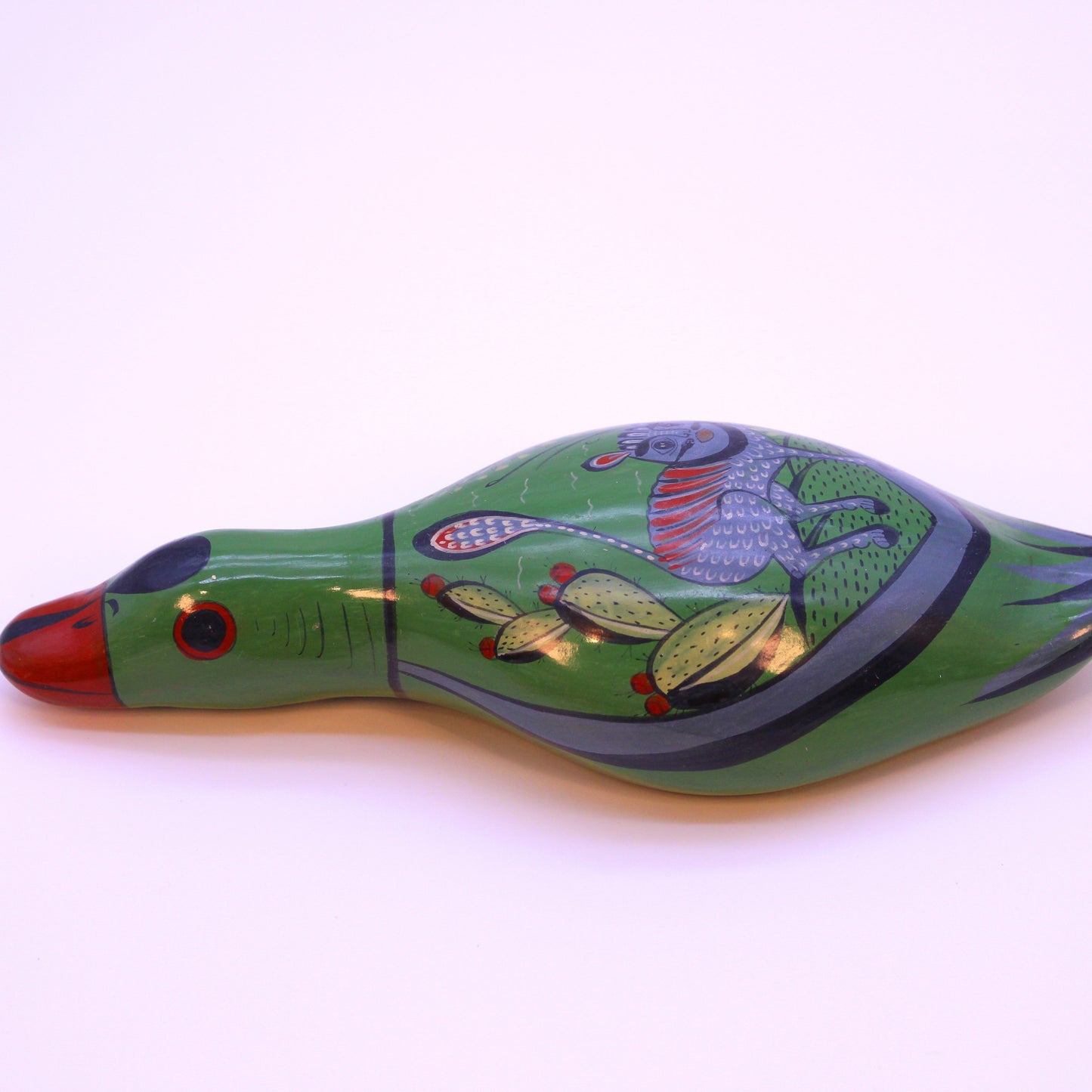 Hand-Painted Burnished Clay Green Duck - Colorful Details | Mexican Folk Art Ceramic