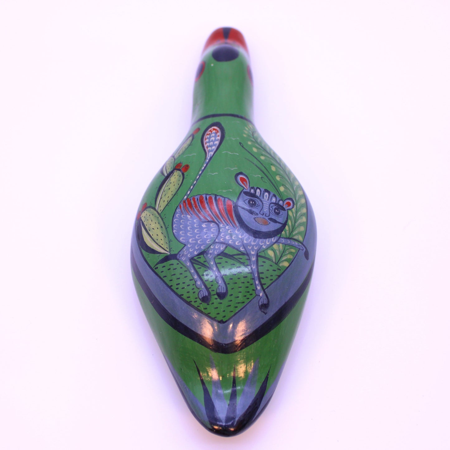 Hand-Painted Burnished Clay Green Duck - Colorful Details | Mexican Folk Art Ceramic