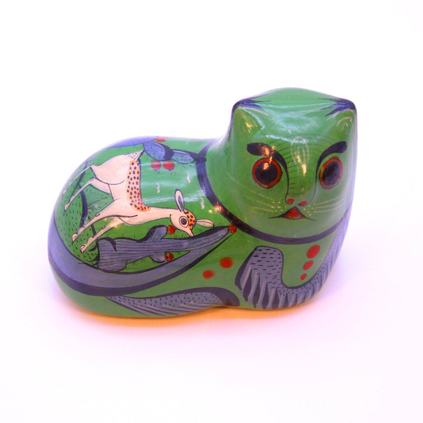 Hand-Painted Burnished Clay Cat - Green | Mexican Folk Art Ceramic Figure