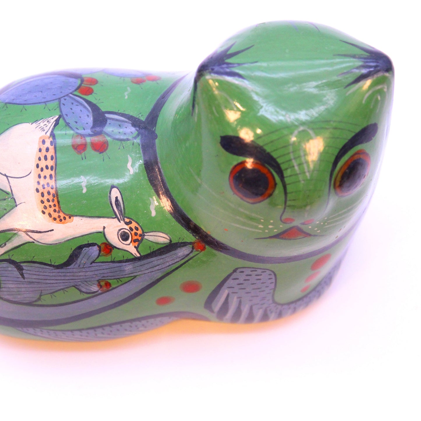 Hand-Painted Burnished Clay Cat - Green | Mexican Folk Art Ceramic Figure
