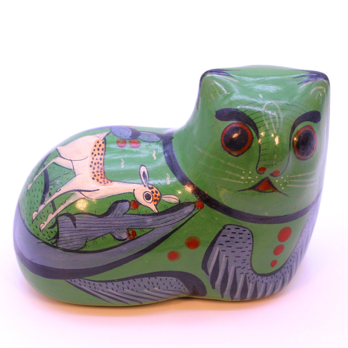 Hand-Painted Burnished Clay Cat - Green | Mexican Folk Art Ceramic Figure