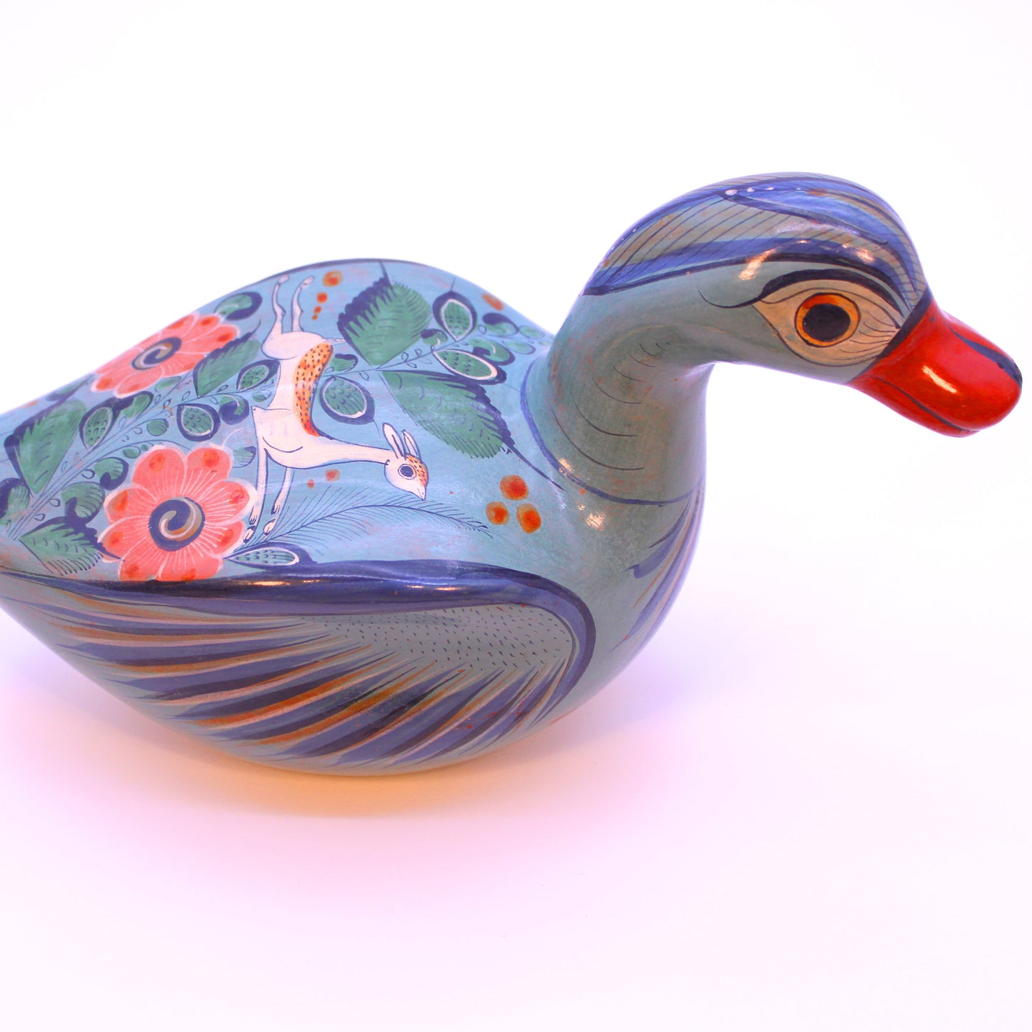 Hand-Painted Burnished Clay Large Green Duck - Mexican Folk Art Ceramic Figure