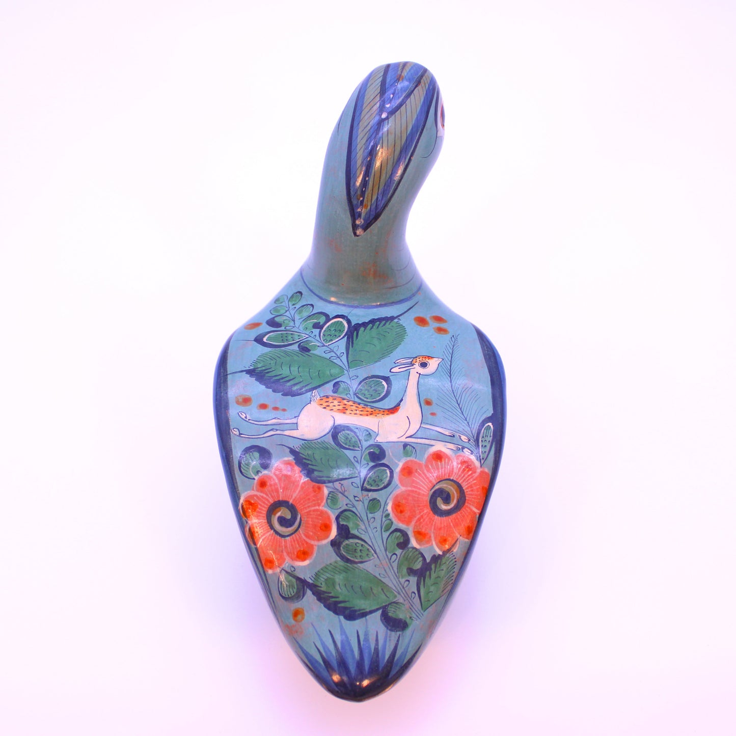 Hand-Painted Burnished Clay Large Green Duck - Mexican Folk Art Ceramic Figure
