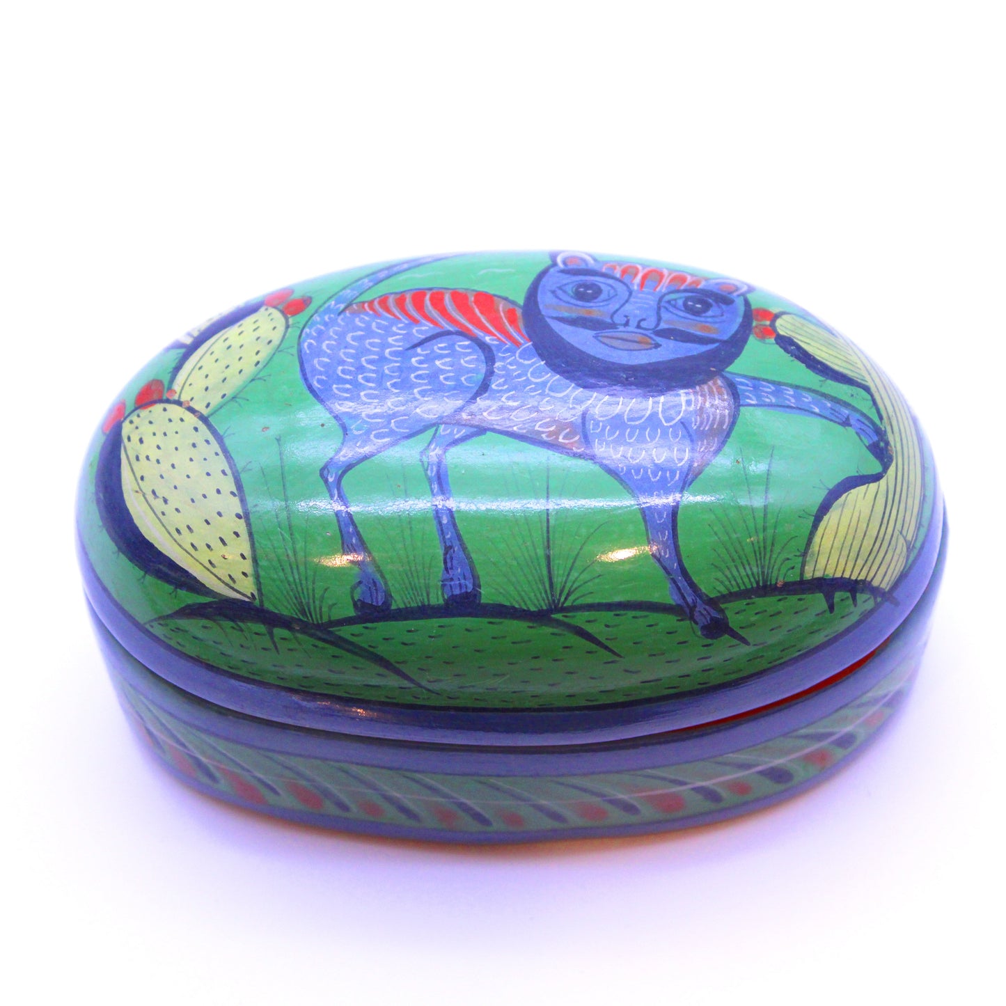 Hand-Painted Burnished Clay Medium Box - Green II | Mexican Folk Art Ceramic