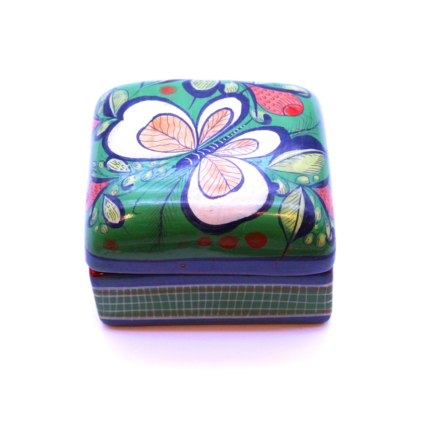 Hand-Painted Burnished Clay Medium Box - Green | Mexican Folk Art Ceramic