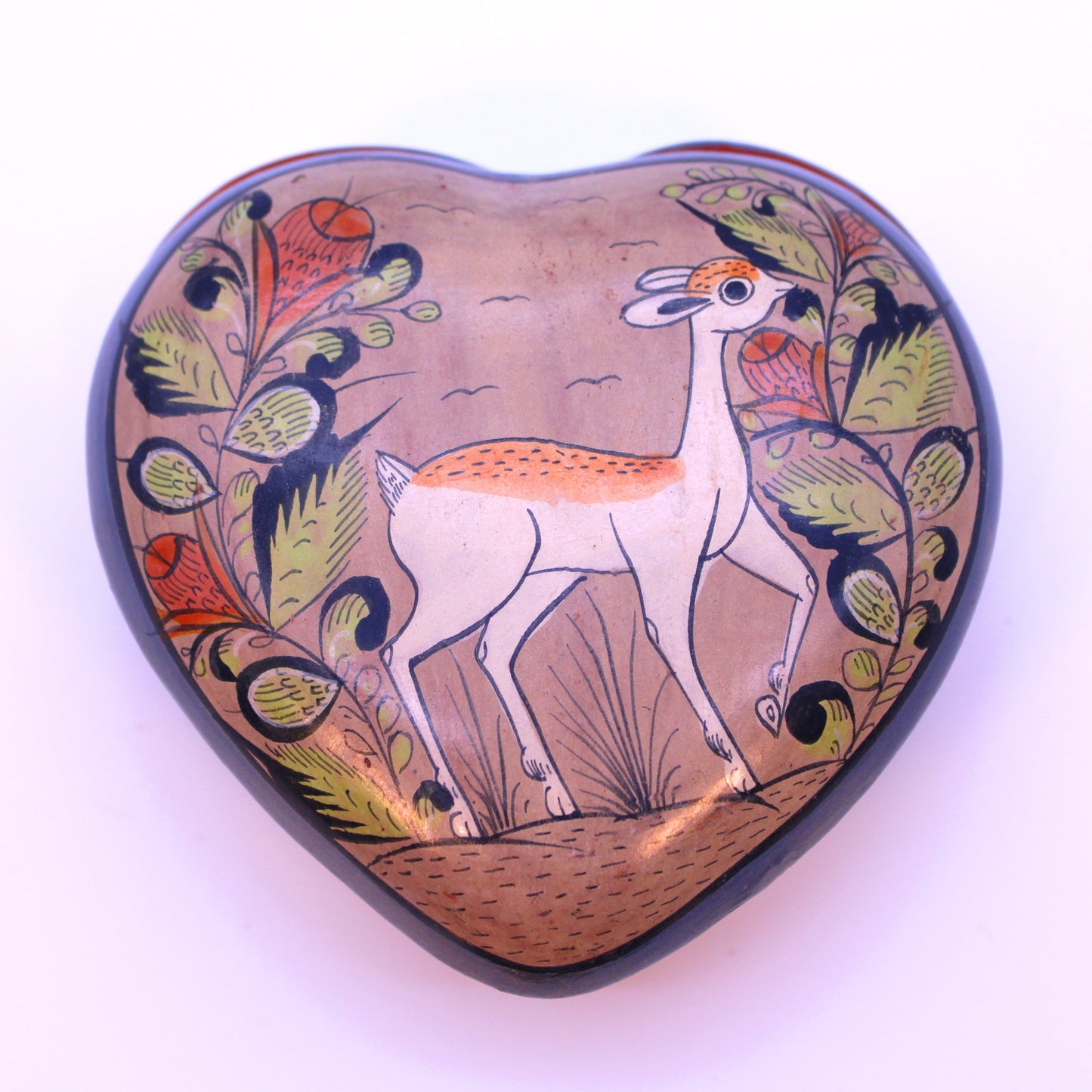 Hand-Painted Burnished Clay Heart Box - Multicolor | Mexican Folk Art Ceramic
