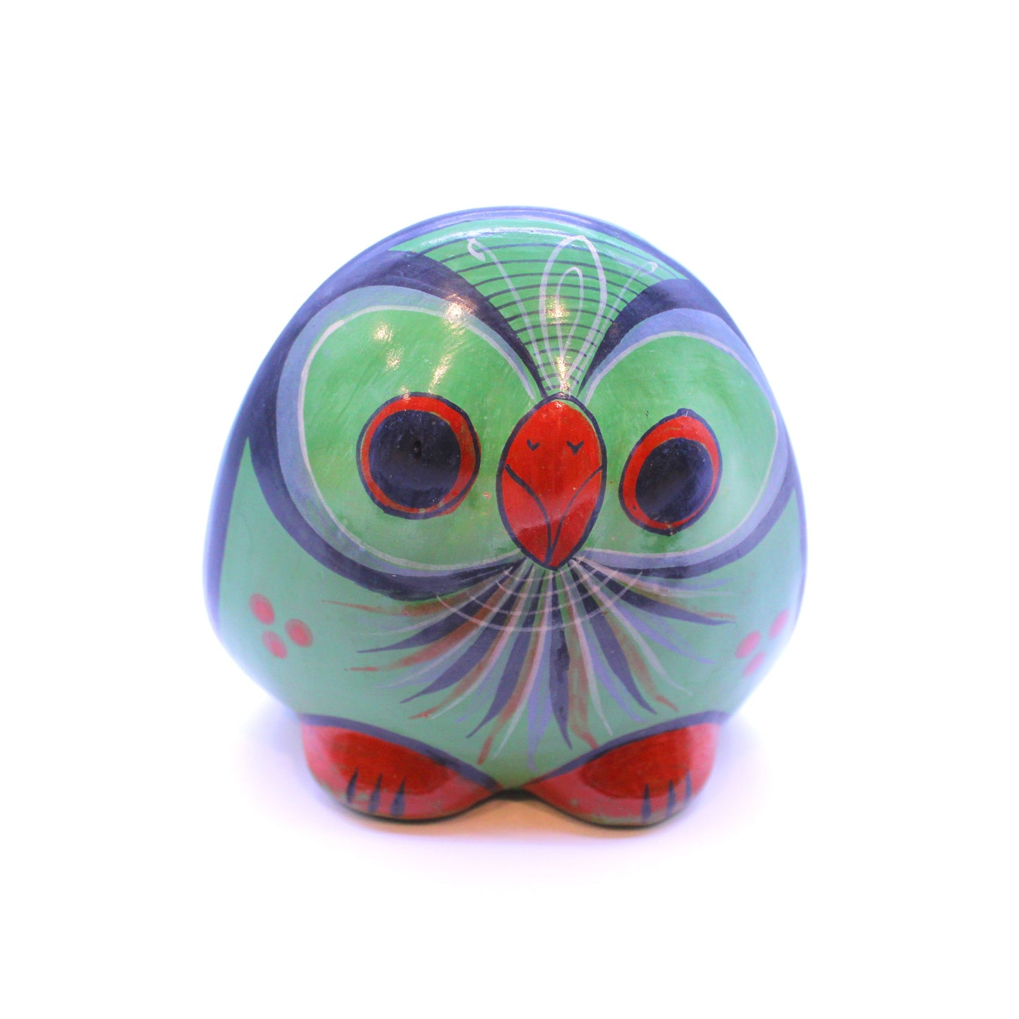 Hand-Painted Burnished Clay Green Owl - Mexican Folk Art Ceramic Figure