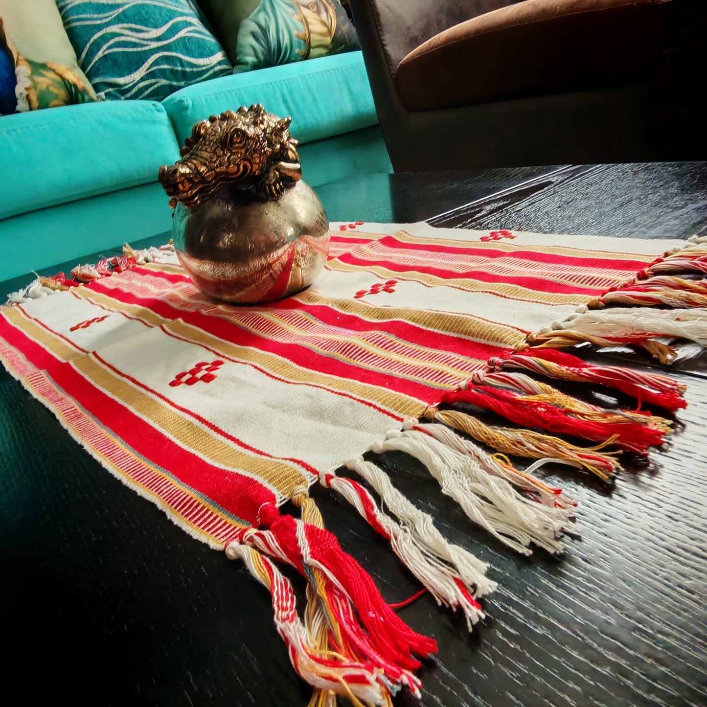 Traditional Mexican handwoven napkin detail - colorful artisan table textile