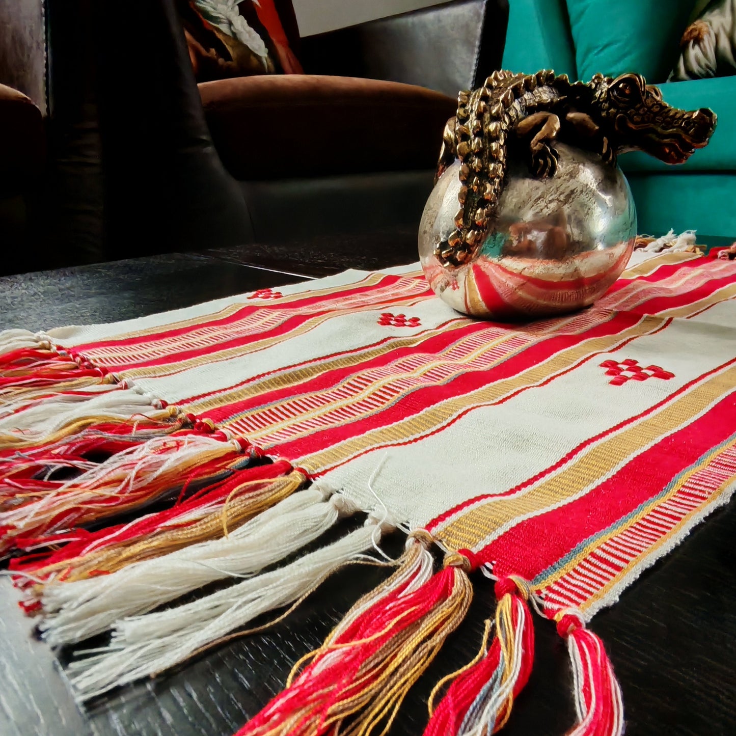 Colorful handwoven napkin close-up - authentic Mexican table decor