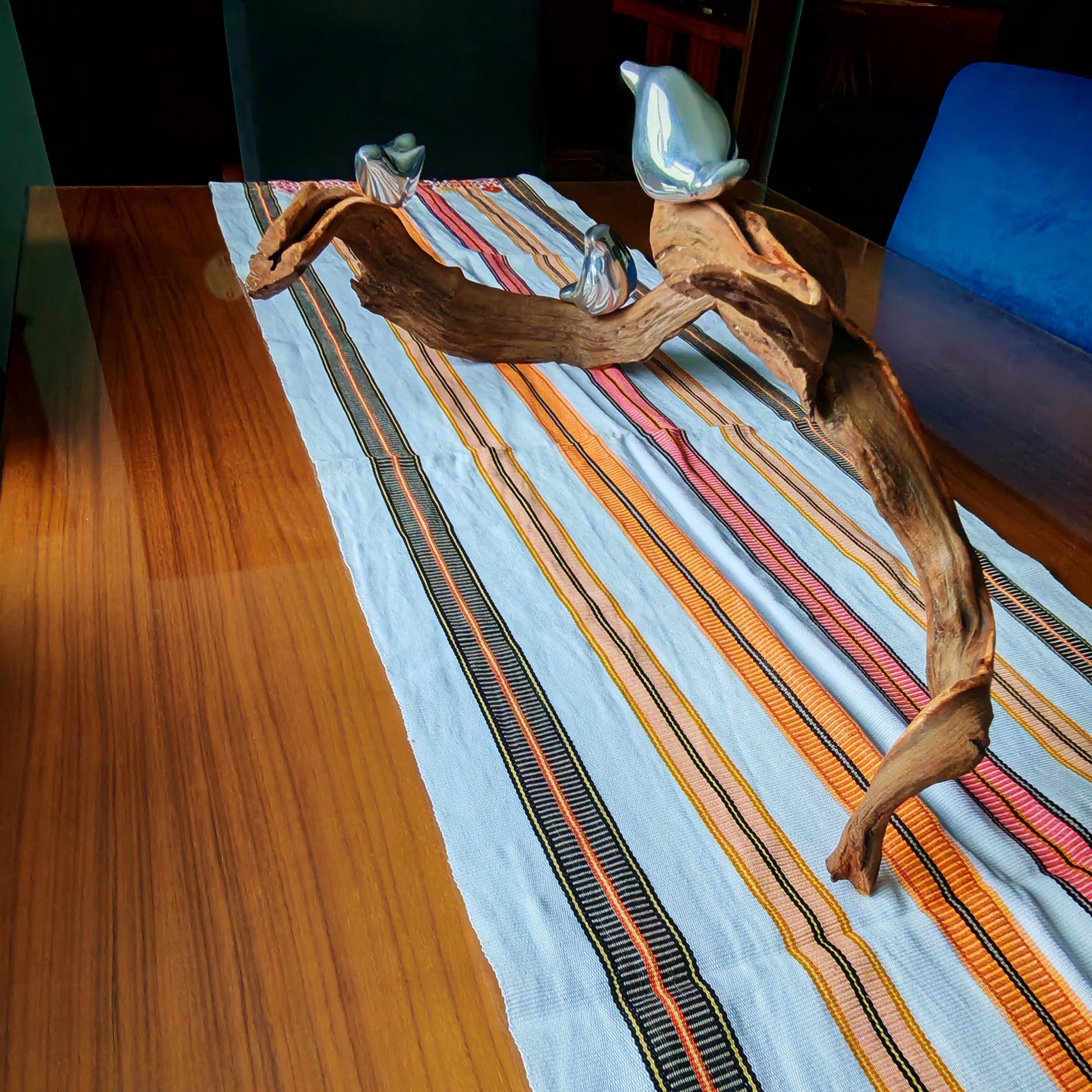 Handwoven table runner with colorful traditional Mexican textile design - home decor