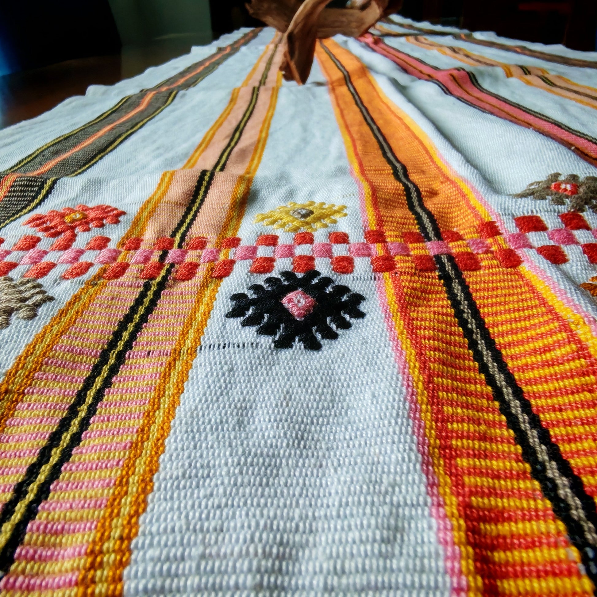 Traditional Mexican handwoven table runner detail - colorful artisan textile