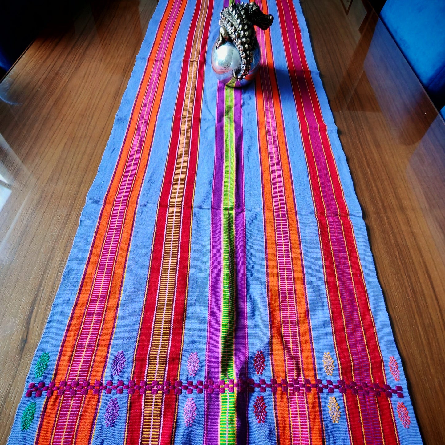 Handwoven table runner with vibrant Mexican textile pattern - traditional home decor
