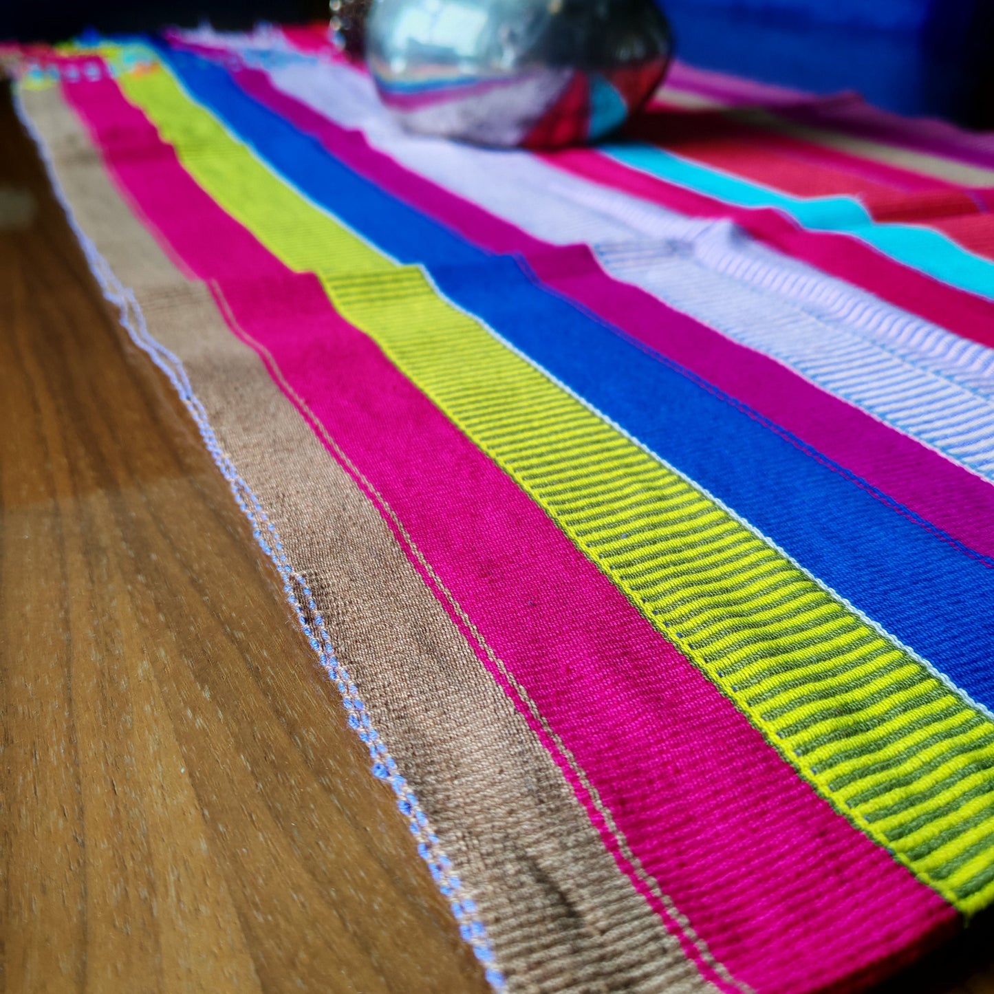 Mexican handwoven table runner close-up - colorful artisan design