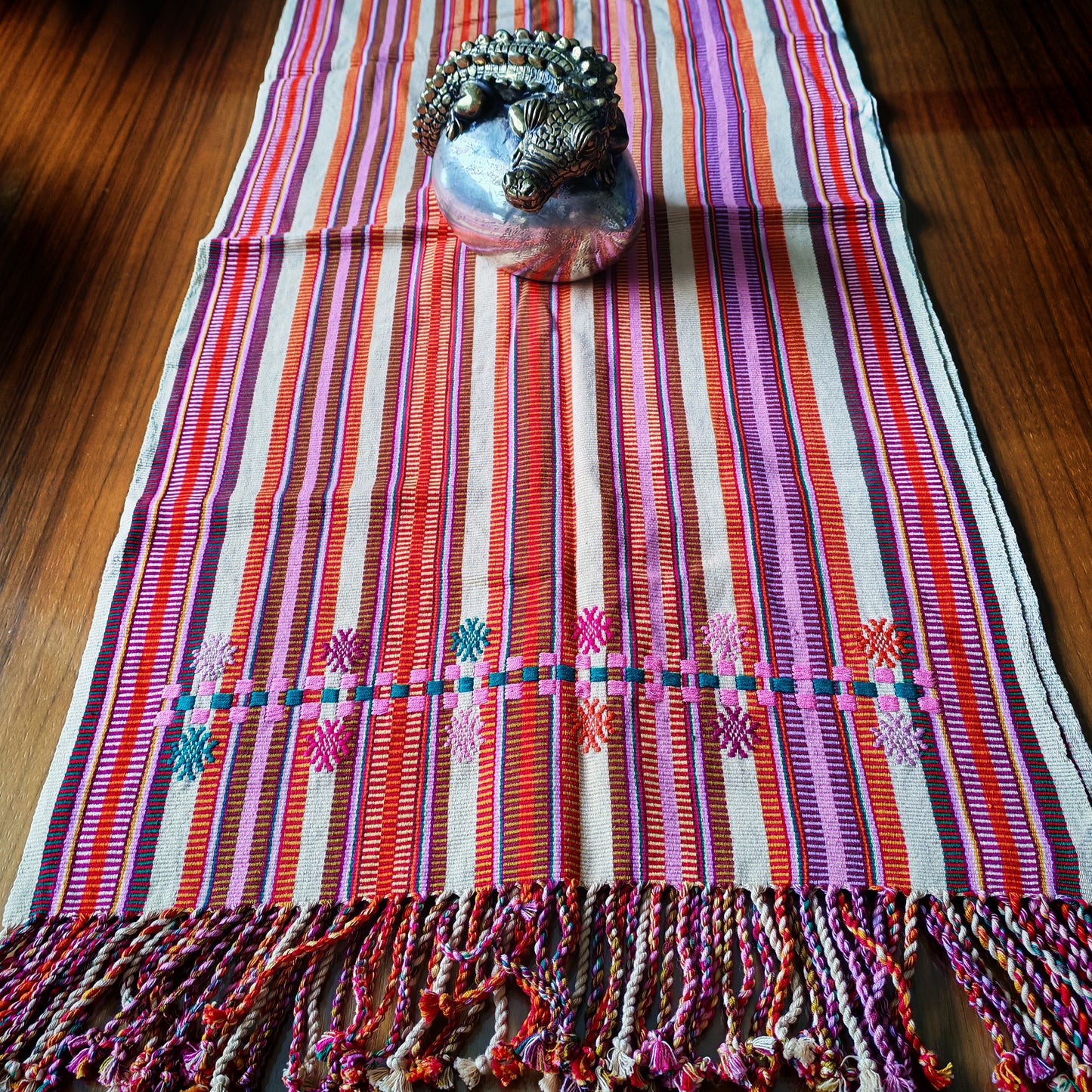 Handwoven table runner with vibrant Mexican design - traditional textile decor