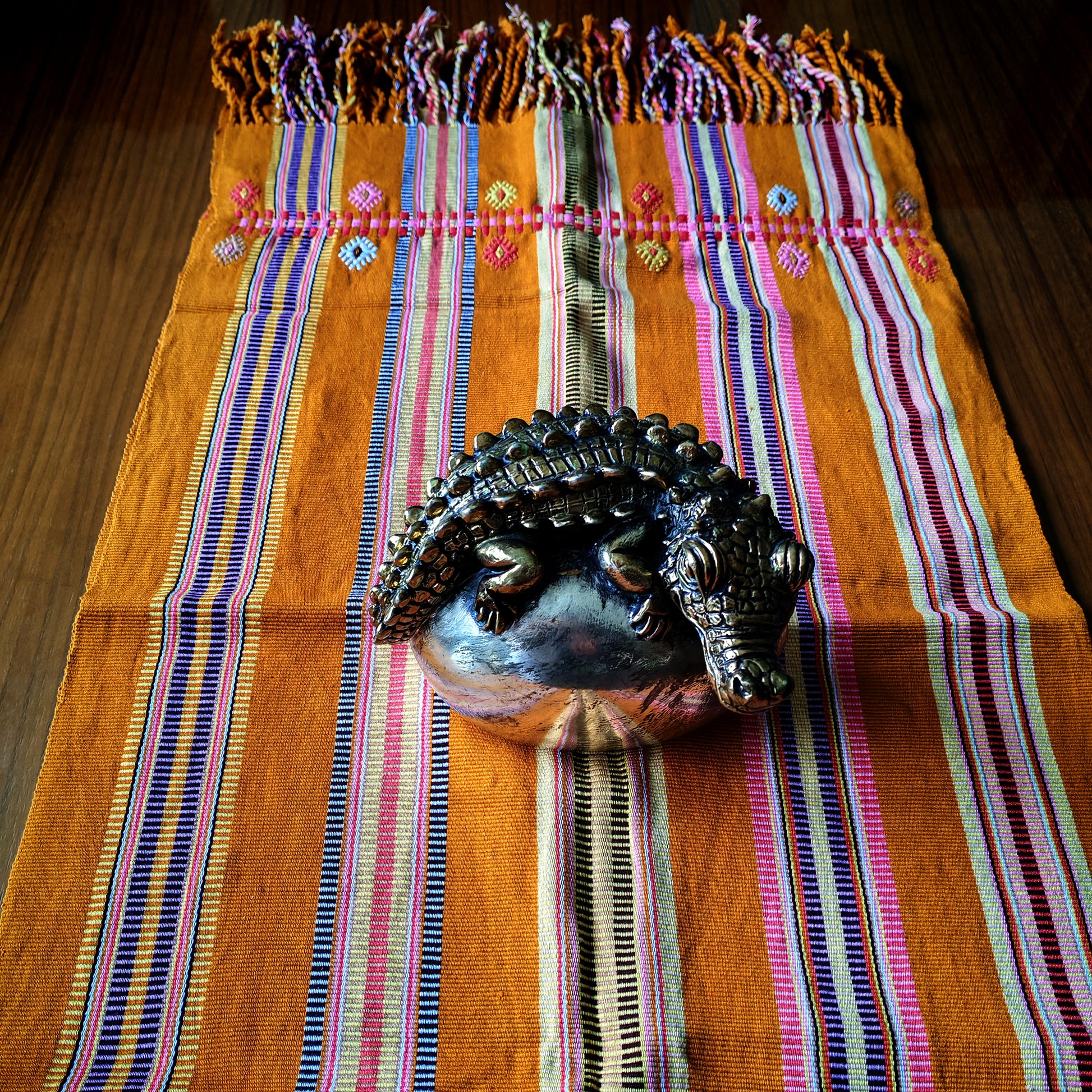 Handwoven table runner with traditional Mexican textile - colorful home decor