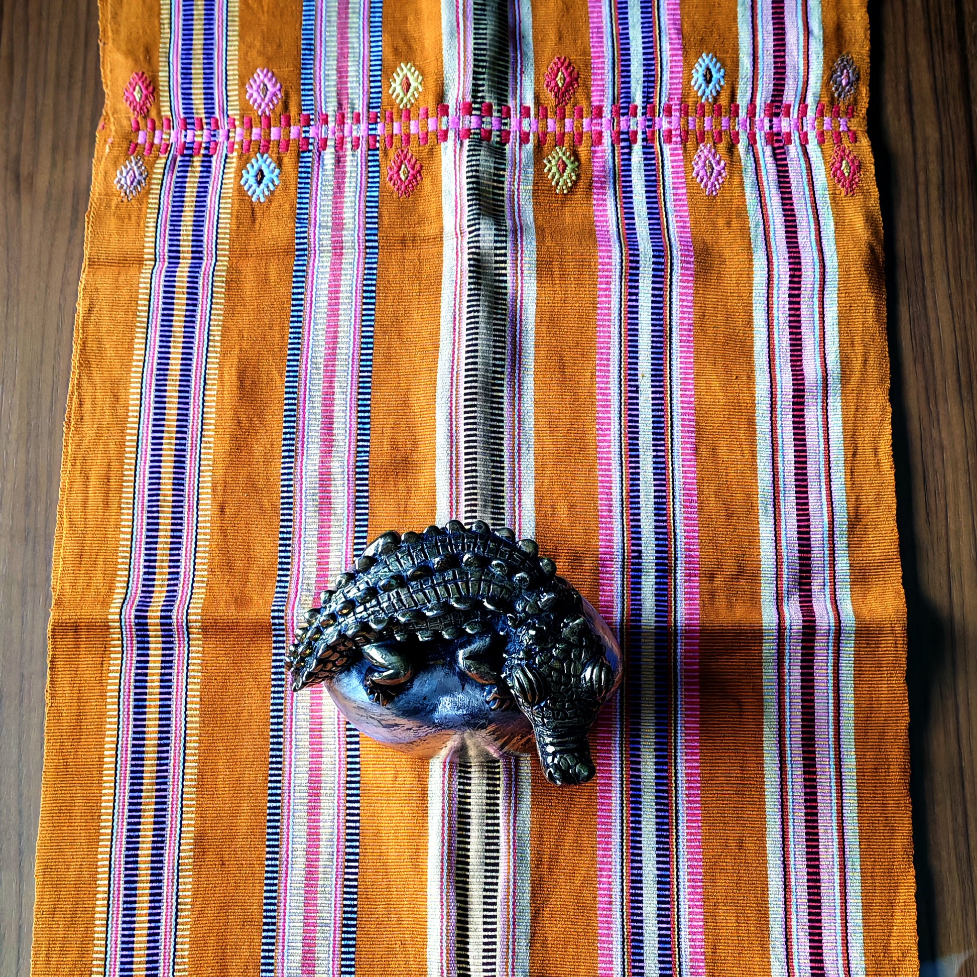 Traditional handwoven table runner close-up - authentic Mexican textile