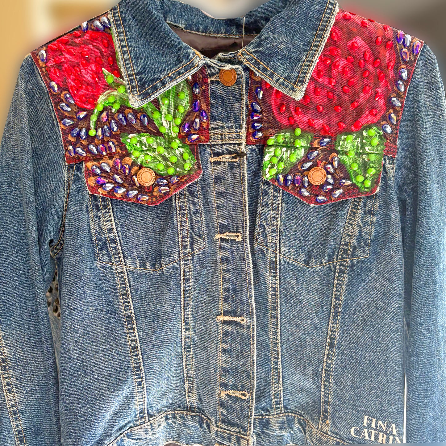 Hand-Embroidered Denim Jacket - Hearts & Wings Design | Mexican Artisan Fashion