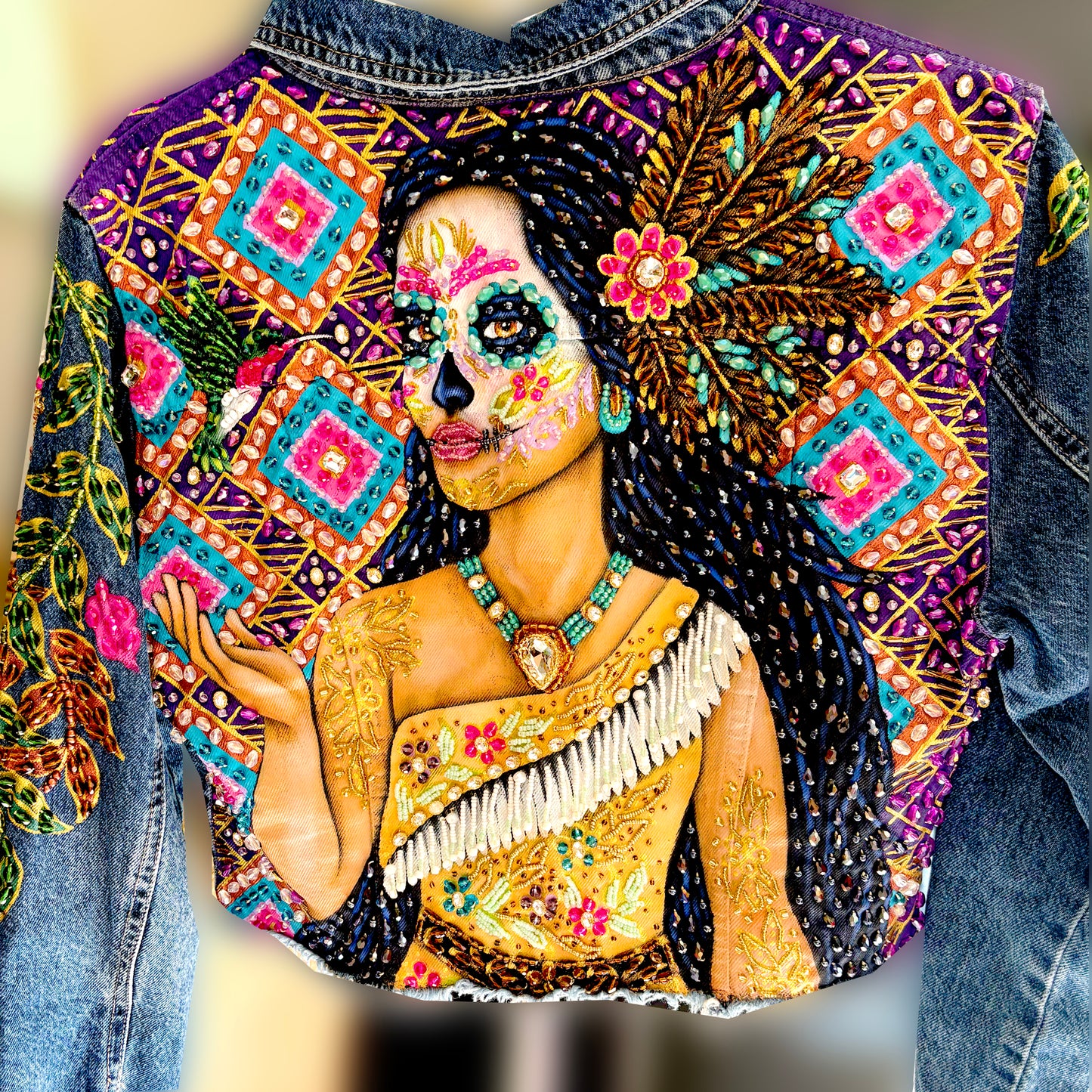 Hand-Embroidered Denim Jacket - Pocahontas Design | Mexican Artisan Fashion