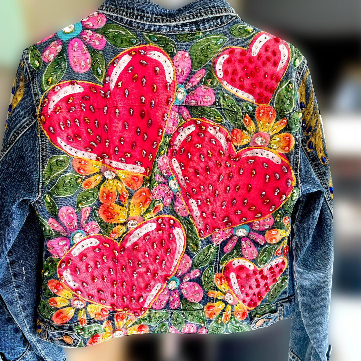 Hand-Embroidered Denim Jacket - Hearts Design | Mexican Artisan Fashion