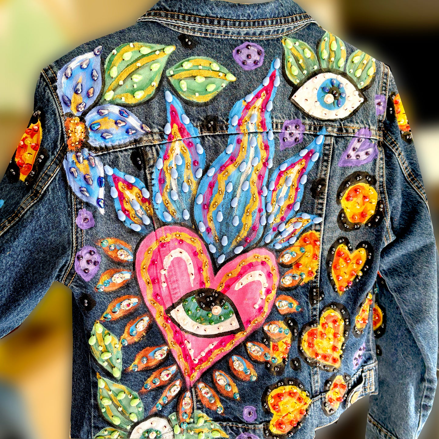 Hand-Embroidered Denim Jacket - Eyes & Hearts Design | Mexican Artisan Fashion