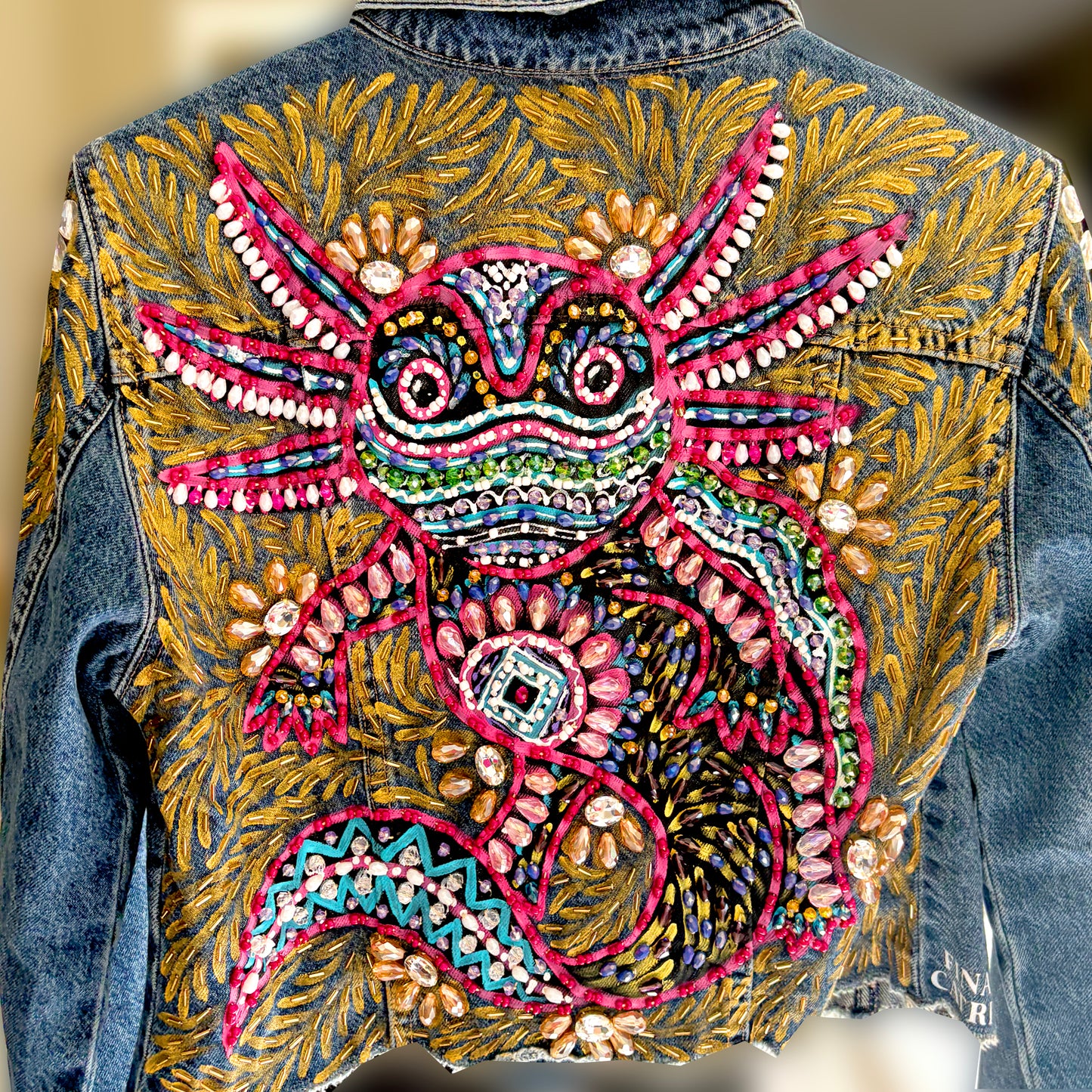 Hand-Embroidered Denim Jacket - Axolotl Design | Mexican Artisan Fashion