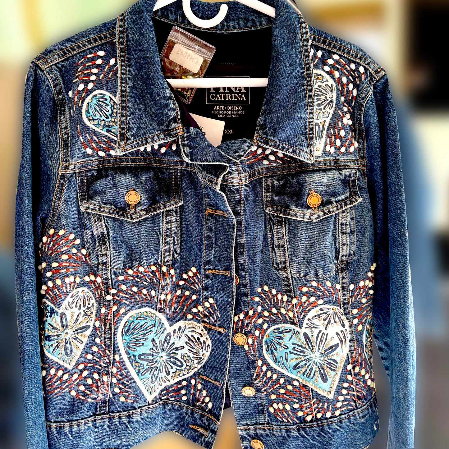 Hand-embroidered denim jacket with Talavera hearts design - Mexican artisan fashion