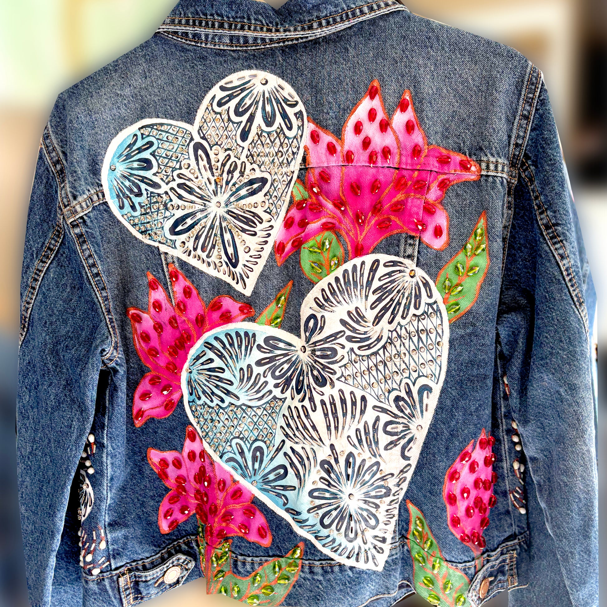 Hand-embroidered denim jacket with Talavera hearts design - Mexican artisan fashion