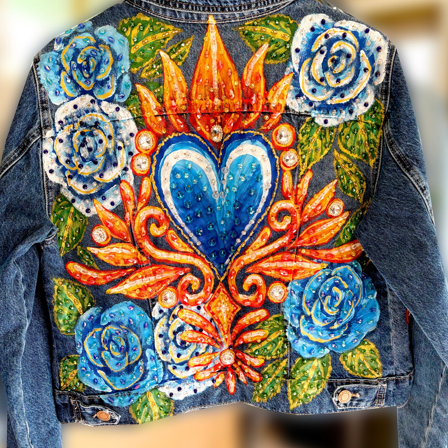 Hand-Embroidered Denim Jacket - Blue Heart Design | Mexican Artisan Fashion