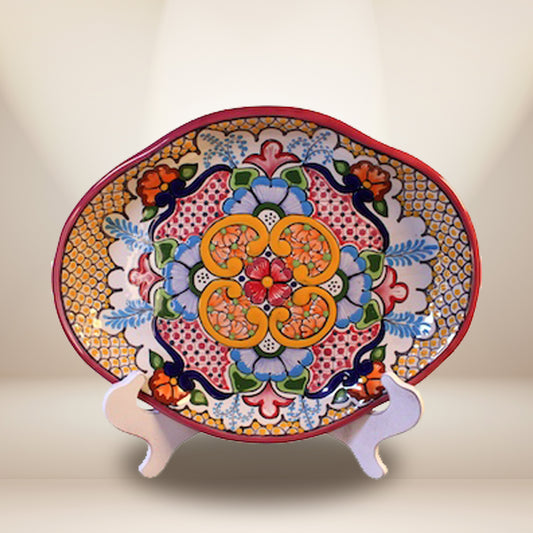 Hand-Painted Talavera Oval Platter 12x15" - Flower Style | Authentic Mexican Pottery