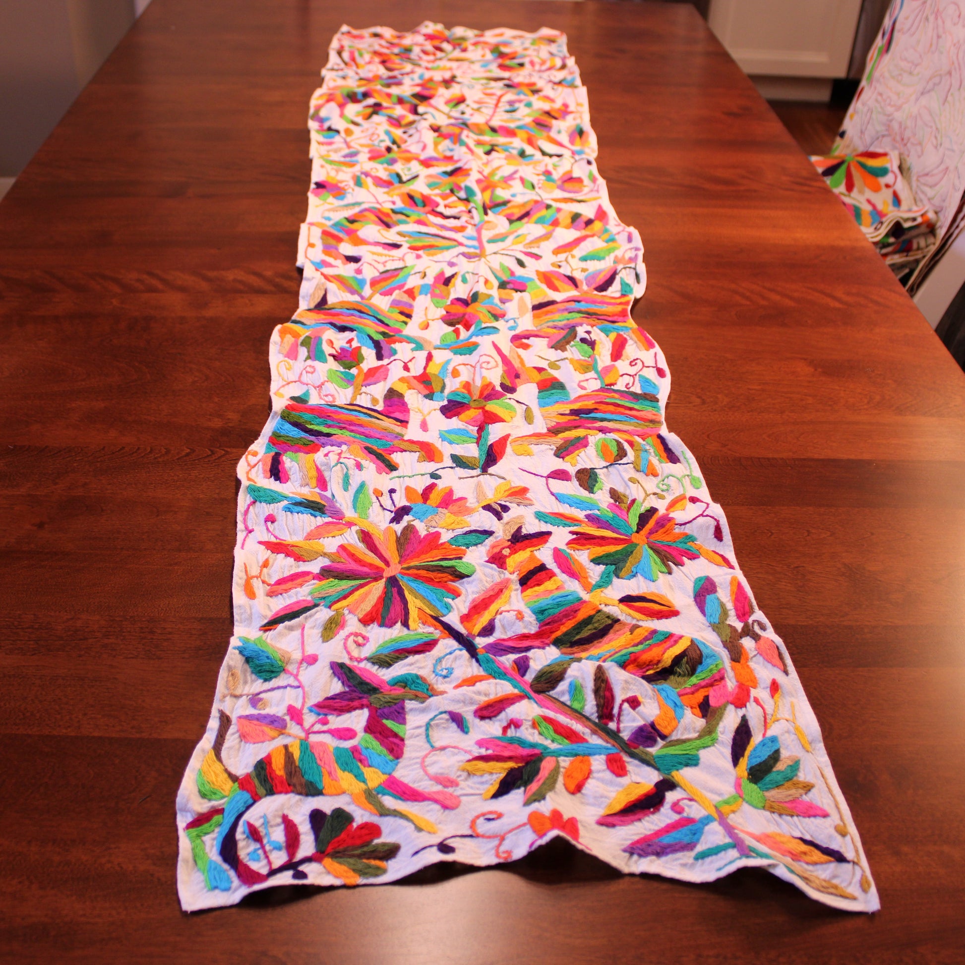 Hand-embroidered Tenango table runner with peacock birds 17x70 inches - Mexican artisan textile